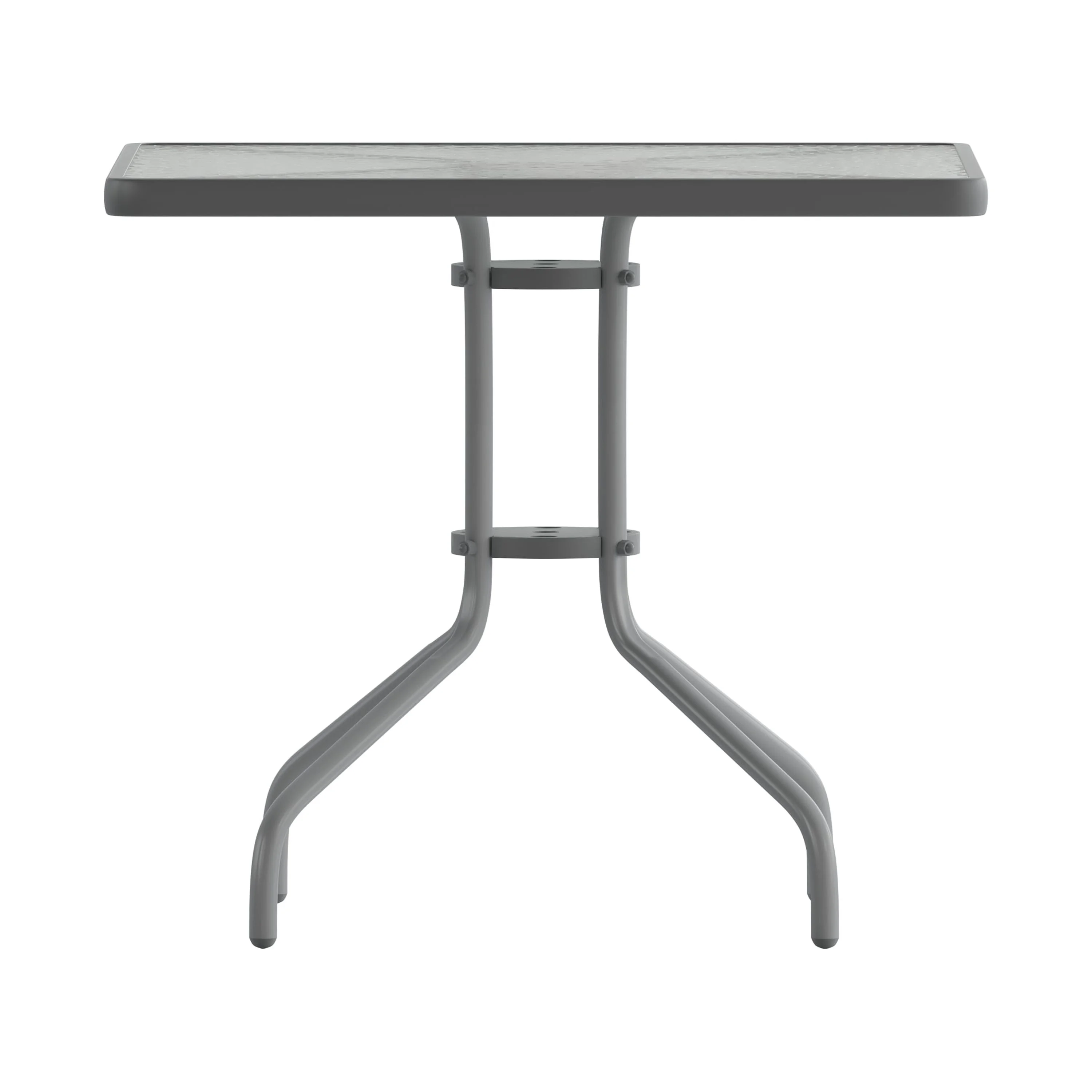 Emma + Oliver 31.5'' Square Glass Top Metal Table with 4 Silver Aluminum Slat Stack Chairs