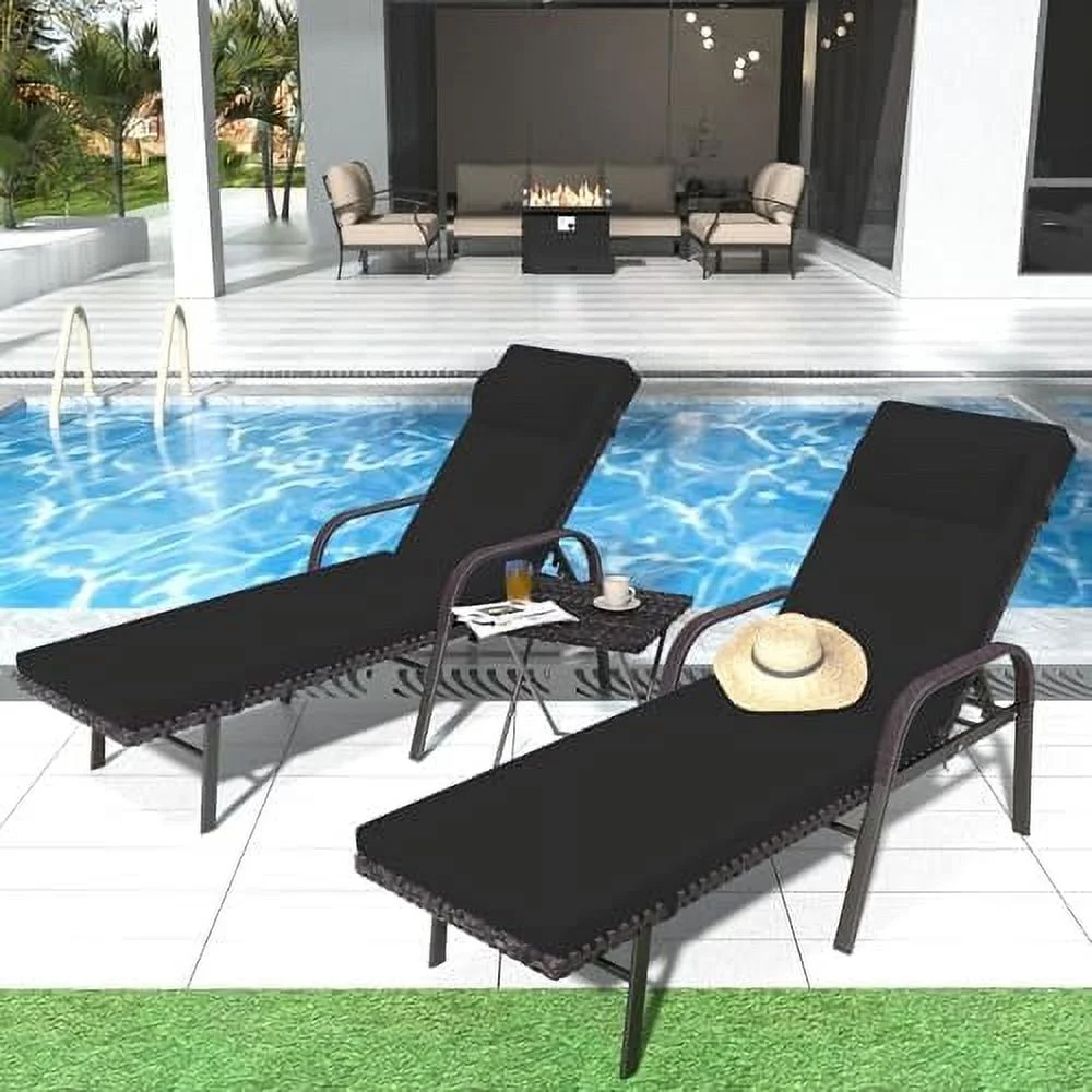 xrboomlife Lounge Chair 3 Pieces Chaise Lounge Chairs Set Outdoor Folding Lounge Chairs with Rattan Adjustable Backrest Armrest and  for Beach Patio Turquoise Blue