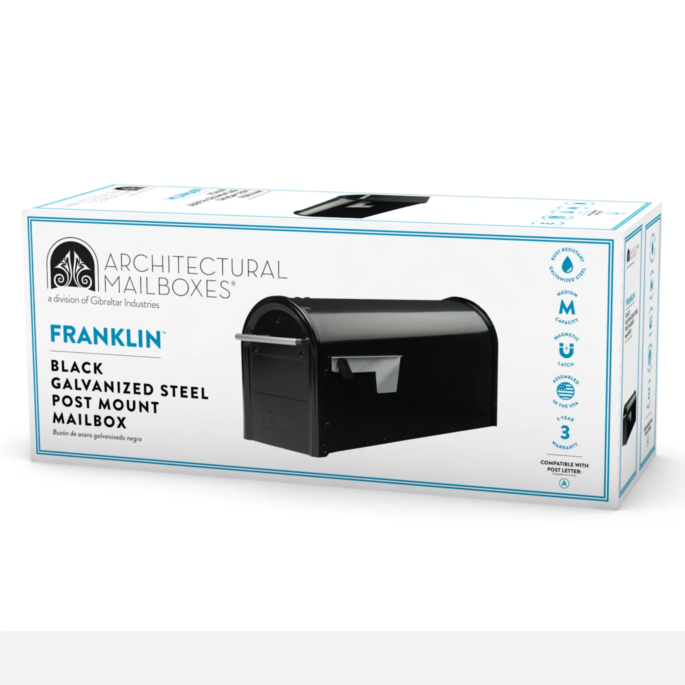 Architectural Mailboxes Franklin Medium, Galvanized Steel, Post-Mount Mailbox, Black, FM110BAM