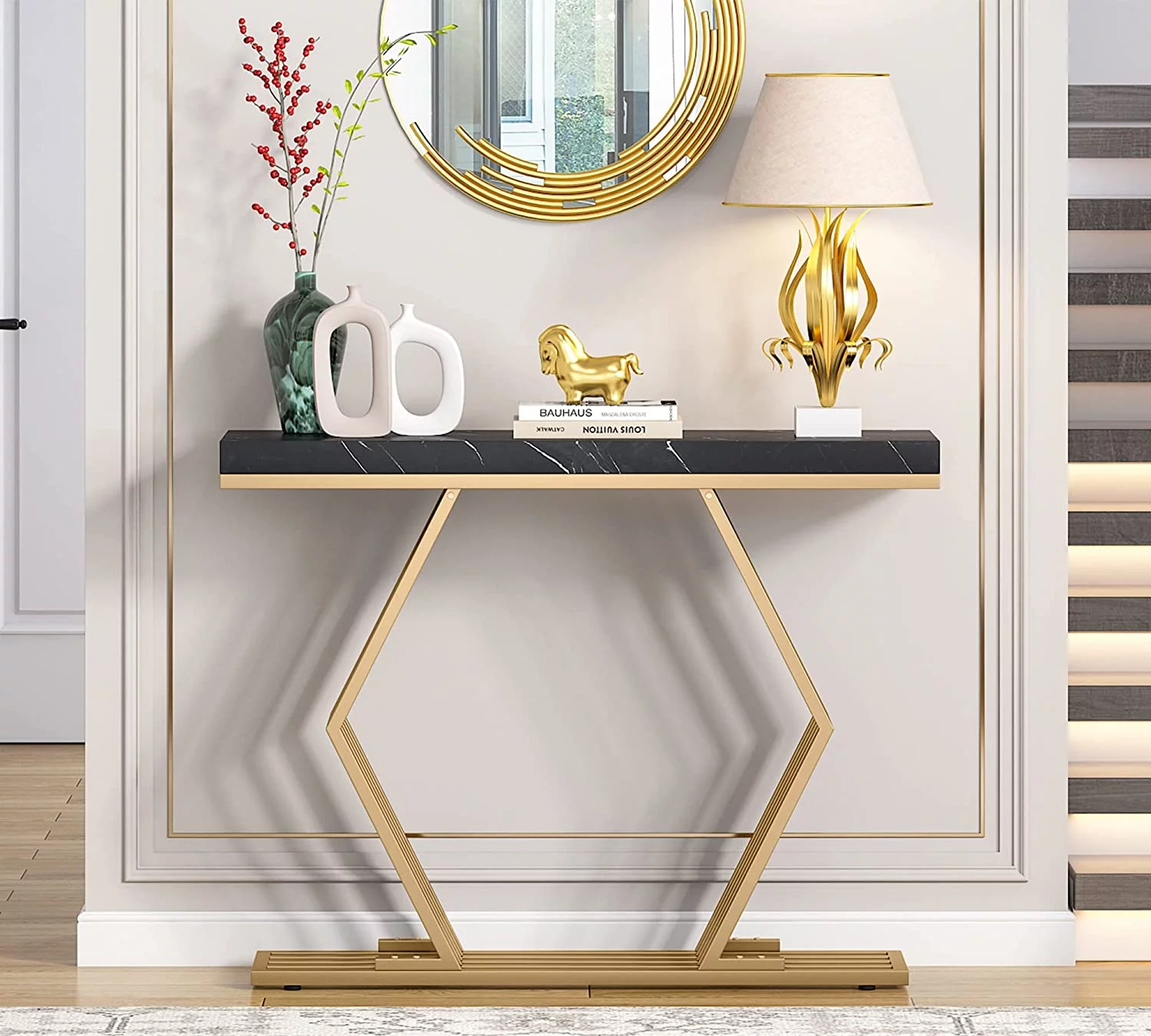 Tribesigns 42 inches Modern Gold Console Table with Geometric Metal Base, Black Faux Marble Narrow Entryway Table Foyer Table for Entrance, Living Room, Hallway, Entryway