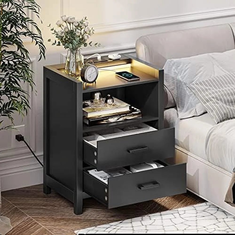 ZWNLKQG Nightstands with LED Lights and Charging Station  End  with 2 Drawers and Open   Modern Bedside Table for Bedroom  White  2PCS (NSL)