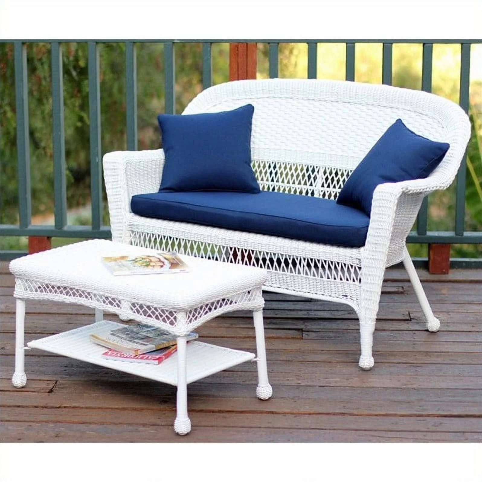 Kingfisher Lane Patio Love Seat & Coffee Table Set in White with Blue Cushion