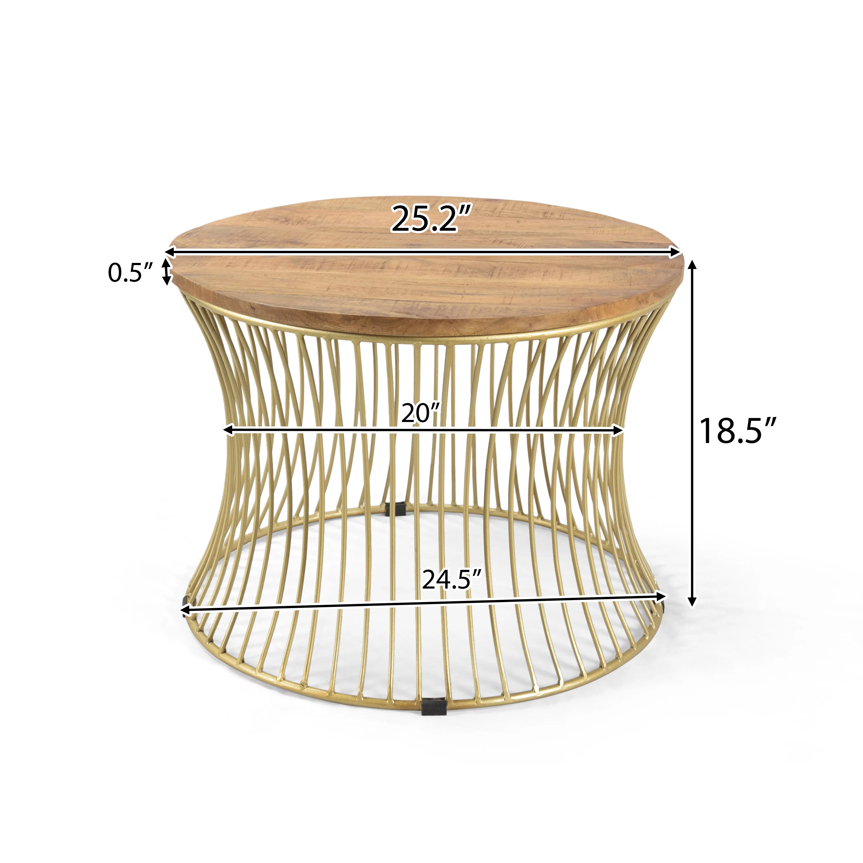 Noble House Kingsley Boho Wood and Iron Round Coffee Table, Gold