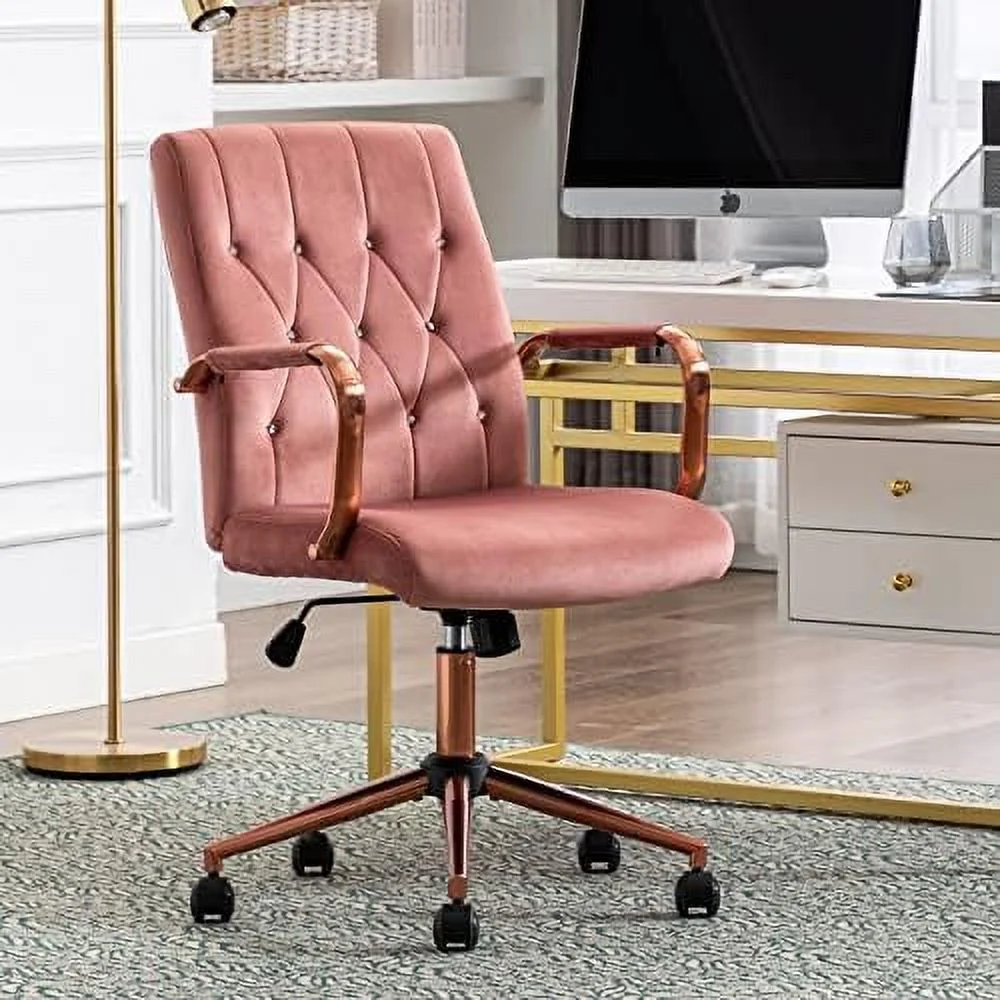 HBBOOMLIFE Duhome Velvet Home Office Desk Chairs  Modern Gold Task Chair with Wheels for Office  Swivel Adjustable Computer Chair with Armrest and Gold Base Pink