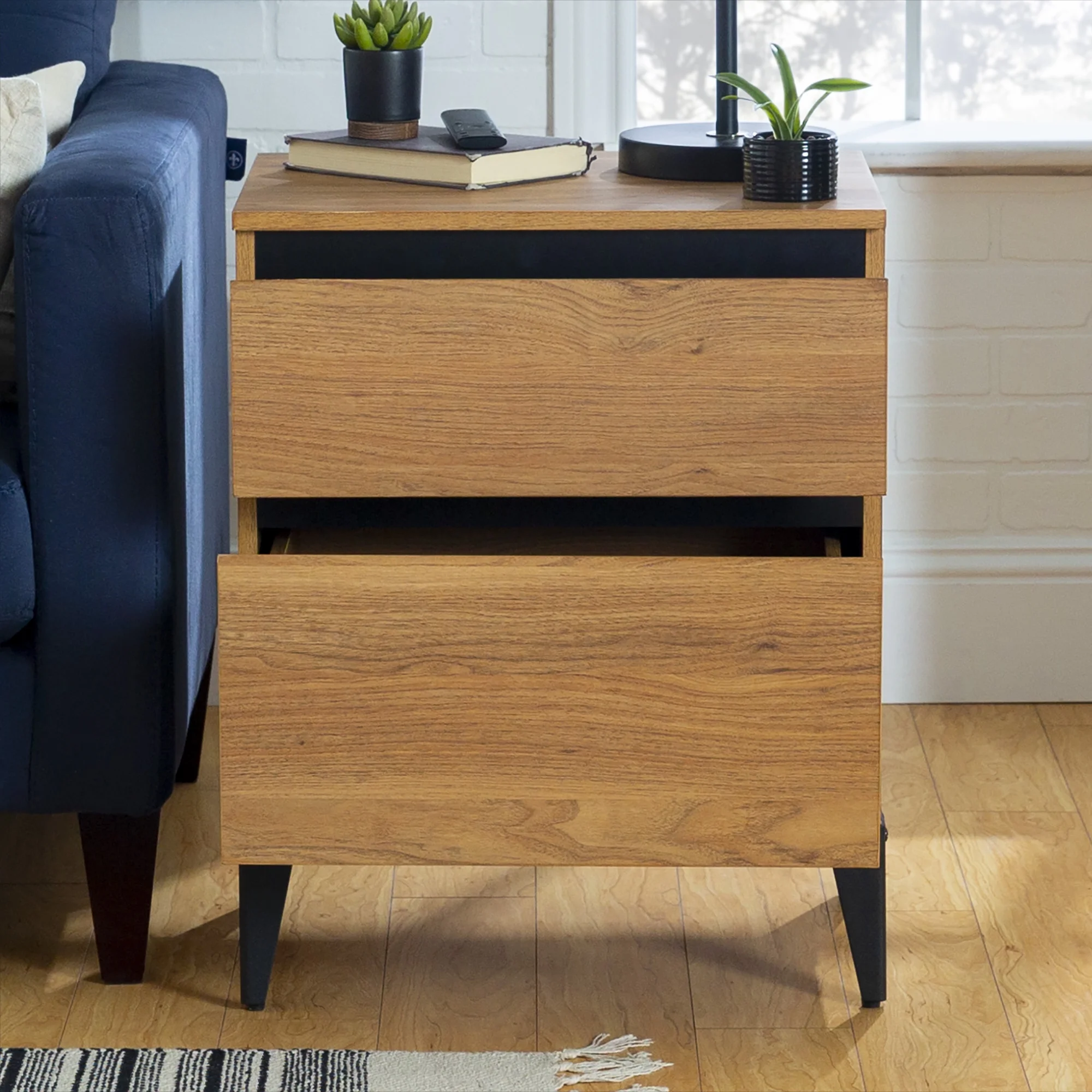 Walker Edison Industrial 2-Drawer Nightstand, Set of 2, English Oak