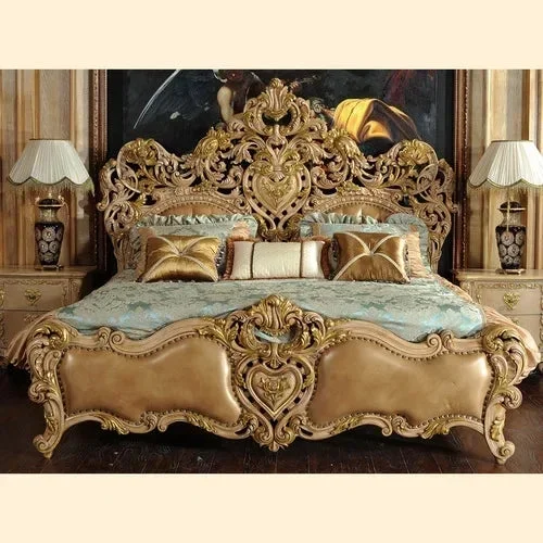Custom European villa double bed solid wood 1.8m carved princess  leather wedding French court furniture