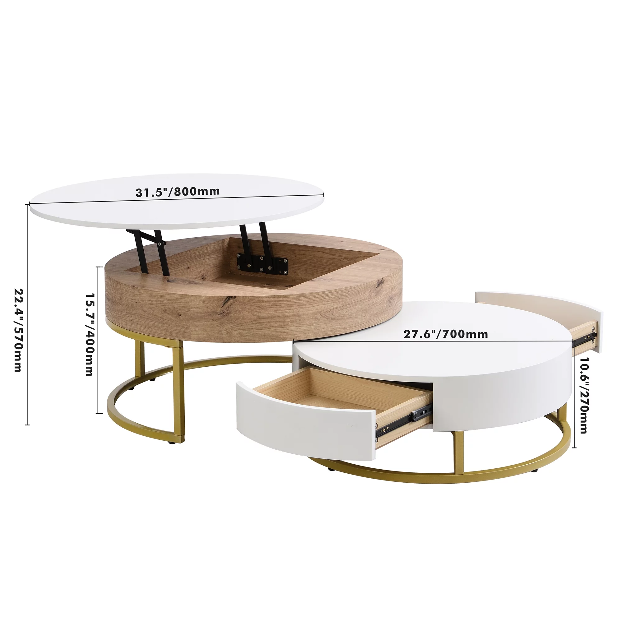 Homiyad Modern Round Lift-Top Nesting Coffee Tables with 2 Drawers White & Natural