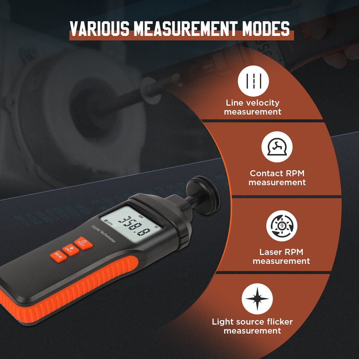 Digital Laser Photo Tachometer Non Contact RPM Tach Meter Motor Speed Gauge 1.0～99999RPM Accuracy Handheld Motor Speedometer W/ LCD Backlit Display Data Memory/Hold Auto Power off