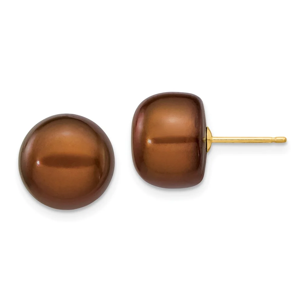 14k 11-12mm Brown Button Freshwater Cultured Pearl Stud Post Earrings QX110BC