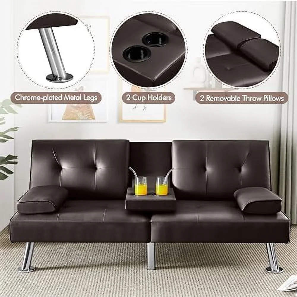 ZFGSUIJN Convertible Sofa Bed Adjustable Couch Sleeper Modern Faux Leather Recliner Reversible Loveseat Folding Daybed Guest Bed  Removable Armrests  Cup Holders  3 Angles  772lb Capacity