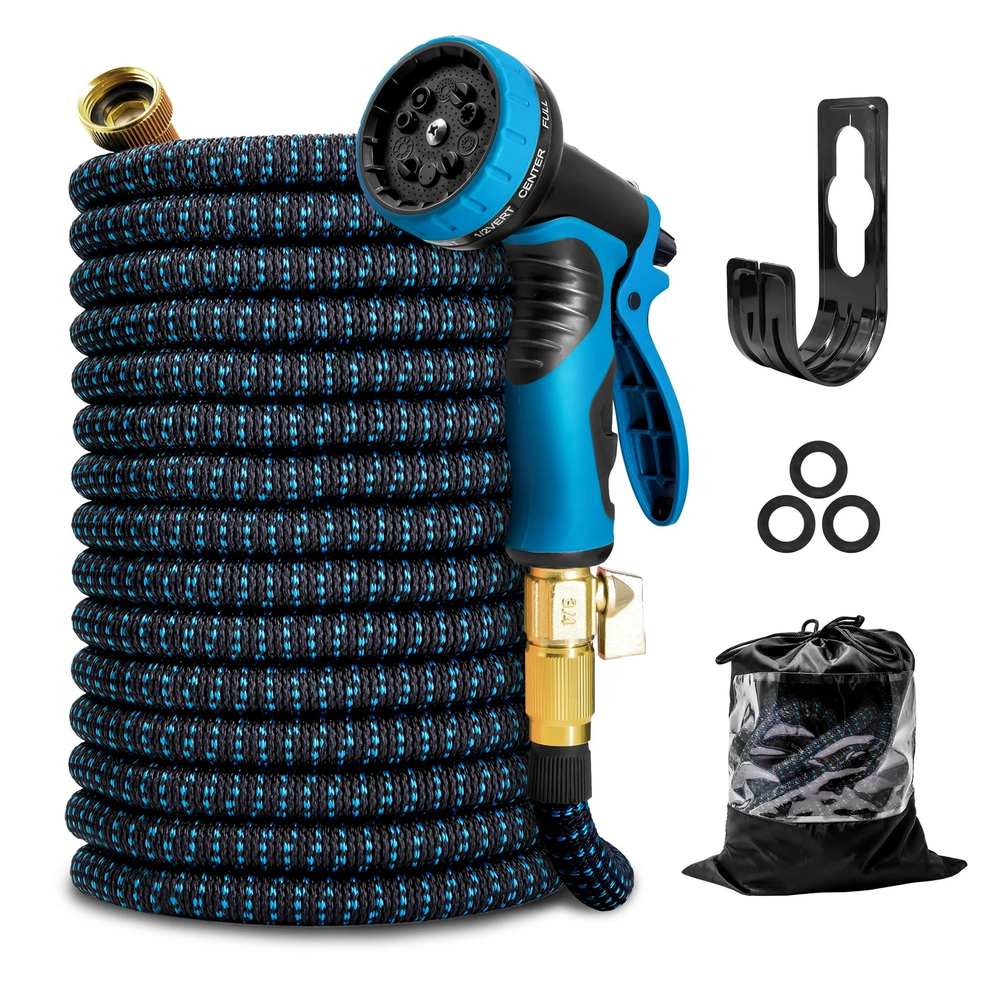 100FT Expandable Garden Hose 3X-10 Function Nozzle, Heavy Duty Flexible Water Hose with 3/4’’ Solid Fittings & Storage Bag-Ideal for Gardening, Car Washing, Pet Bathing (BLUE)