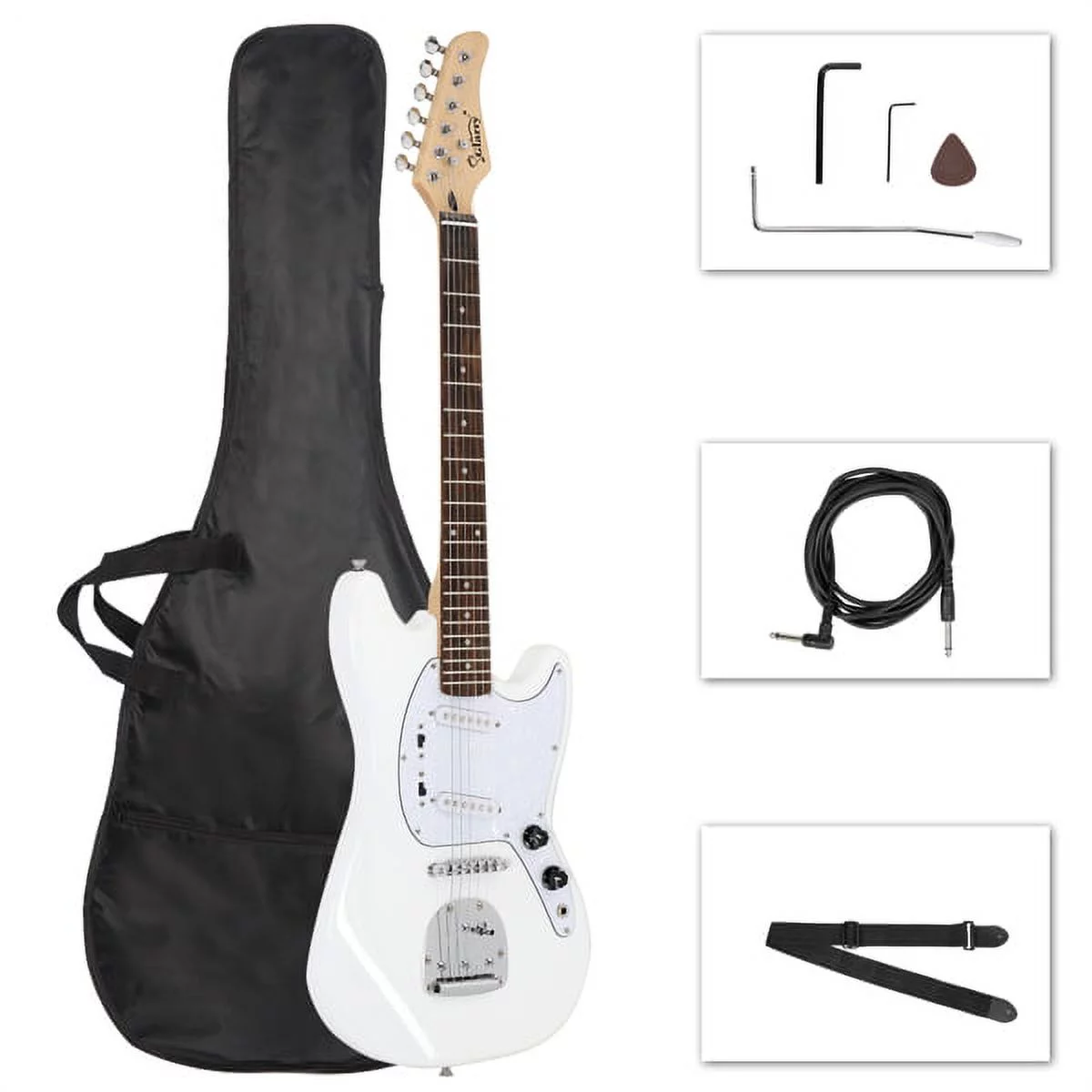 Fithood Glarry Full Size 6 String S-S Pickup GMF Electric Guitar with Bag Strap Connector Wrench Tool White