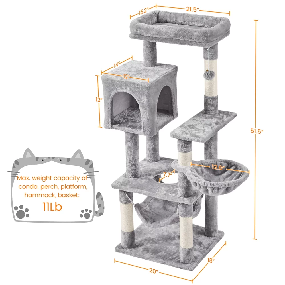 Topeakmart 52in Multilevel Cat Tree Condo Scratching Posts with Basket Hammock, Light Gray
