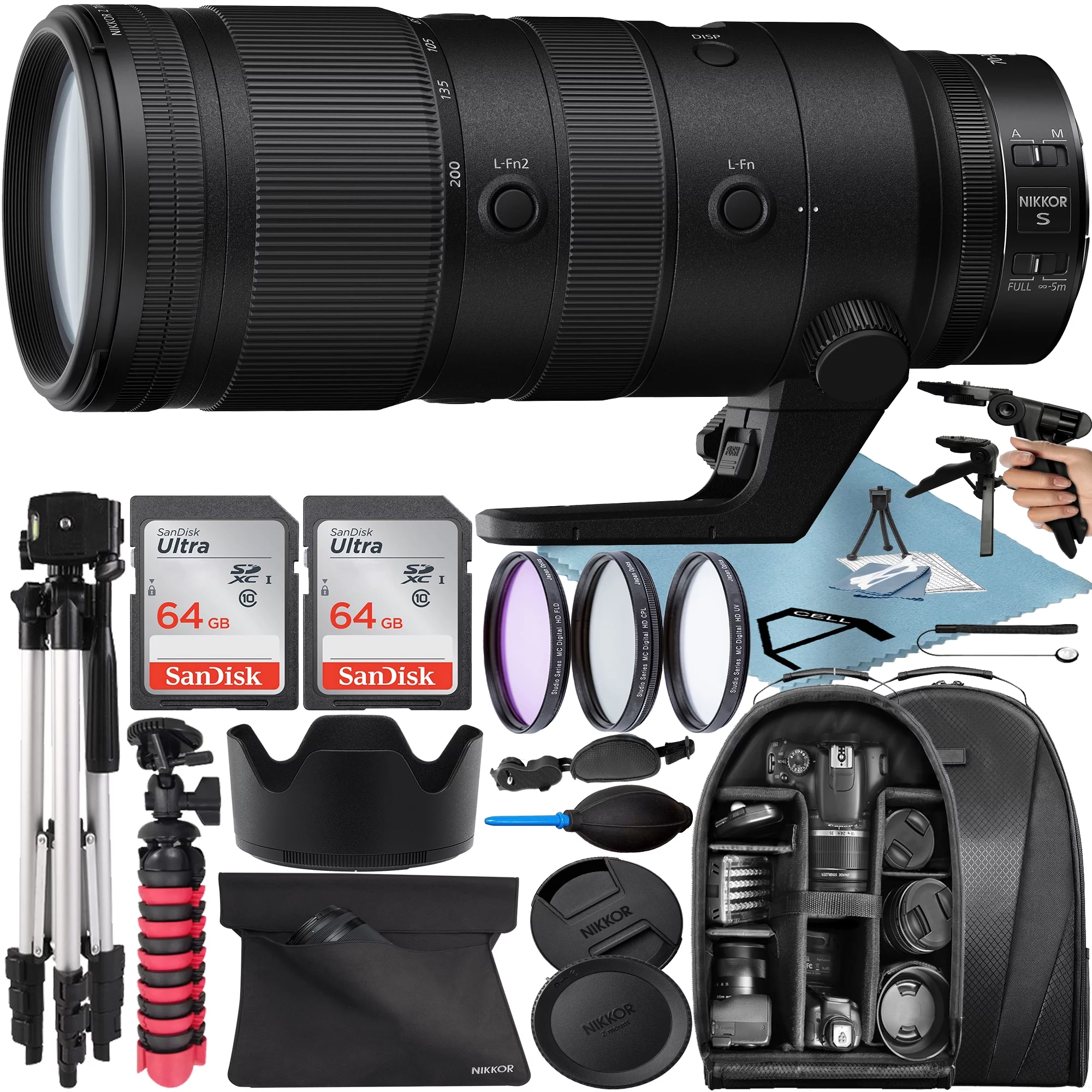 Nikon NIKKOR Z 70-200mm F/2.8 VR S Lens with 2 Pack 64GB SanDisk Memory Card + Tripod + Backpack + A-Cell Accessory Bundle