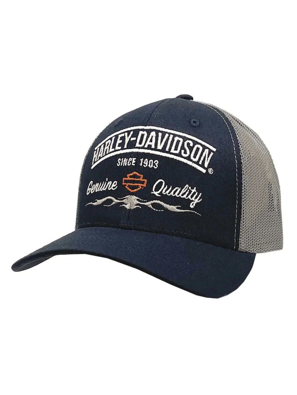 Harley-Davidson Men's Meshed Adjustable Snapback Mesh Trucker Hat - Navy/Silver, Harley Davidson