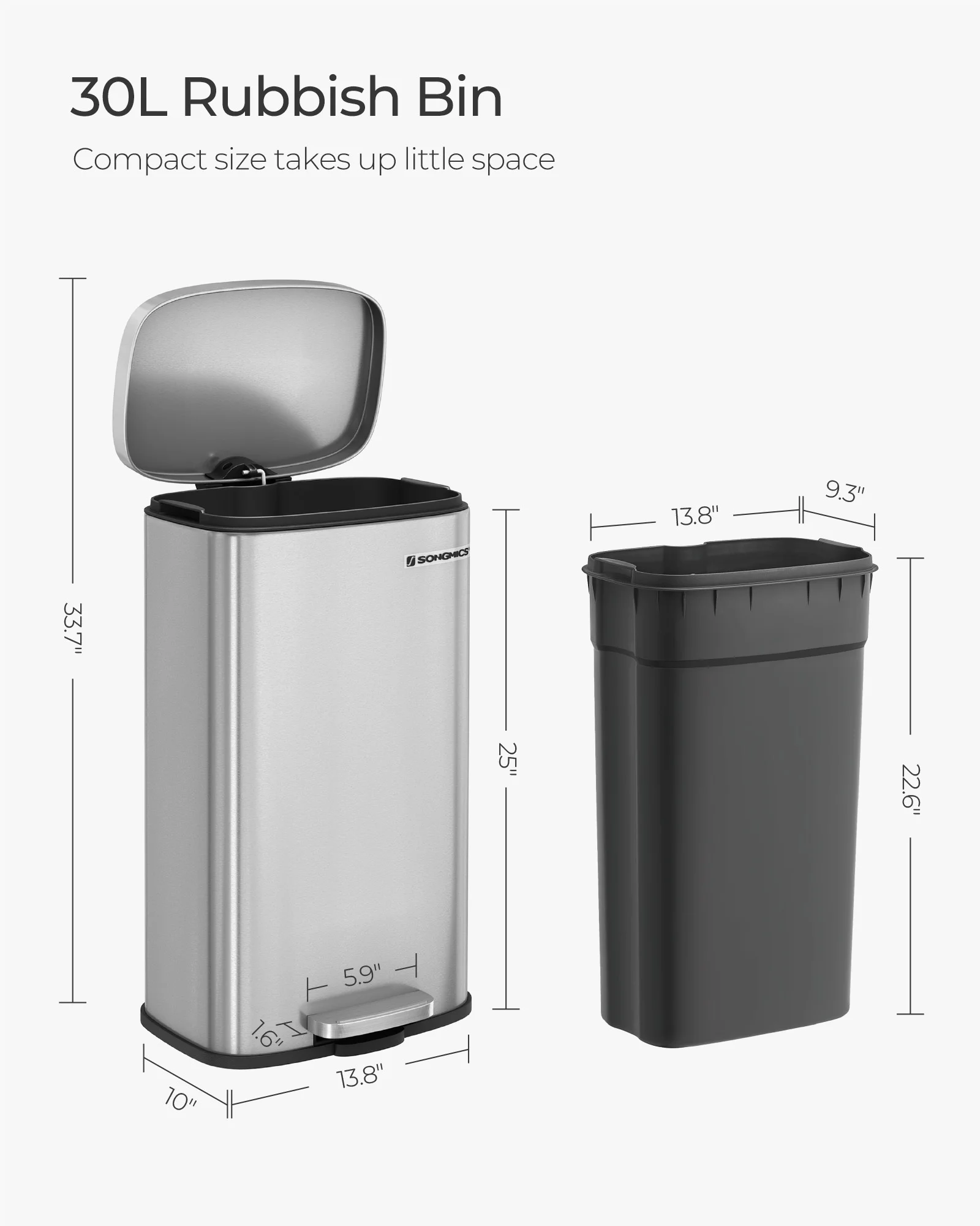 Songmics 8 Gallon Kitchen Trash Can with Lid Stainless Steel Garbage Can Recycling Rubbish Bin Silver