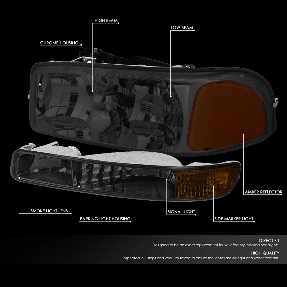DNA Motoring HL-OH-SIE994P-SM-AM For 1999 to 2007 GMC Sierra Yukon GMT800 Smoke Lens Headlight+Amebr Corner Bumper Lamps 00 01 02 03 04 05 06