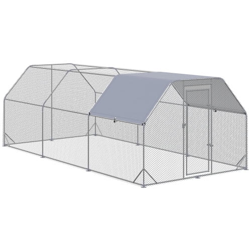 PawHut Large Chicken Coop Metal Chicken Run with Waterproof and Anti-UV Cover, Flat Shaped Walk in Fence Cage Hen House for Outdoor and Yard Farm Use, 1