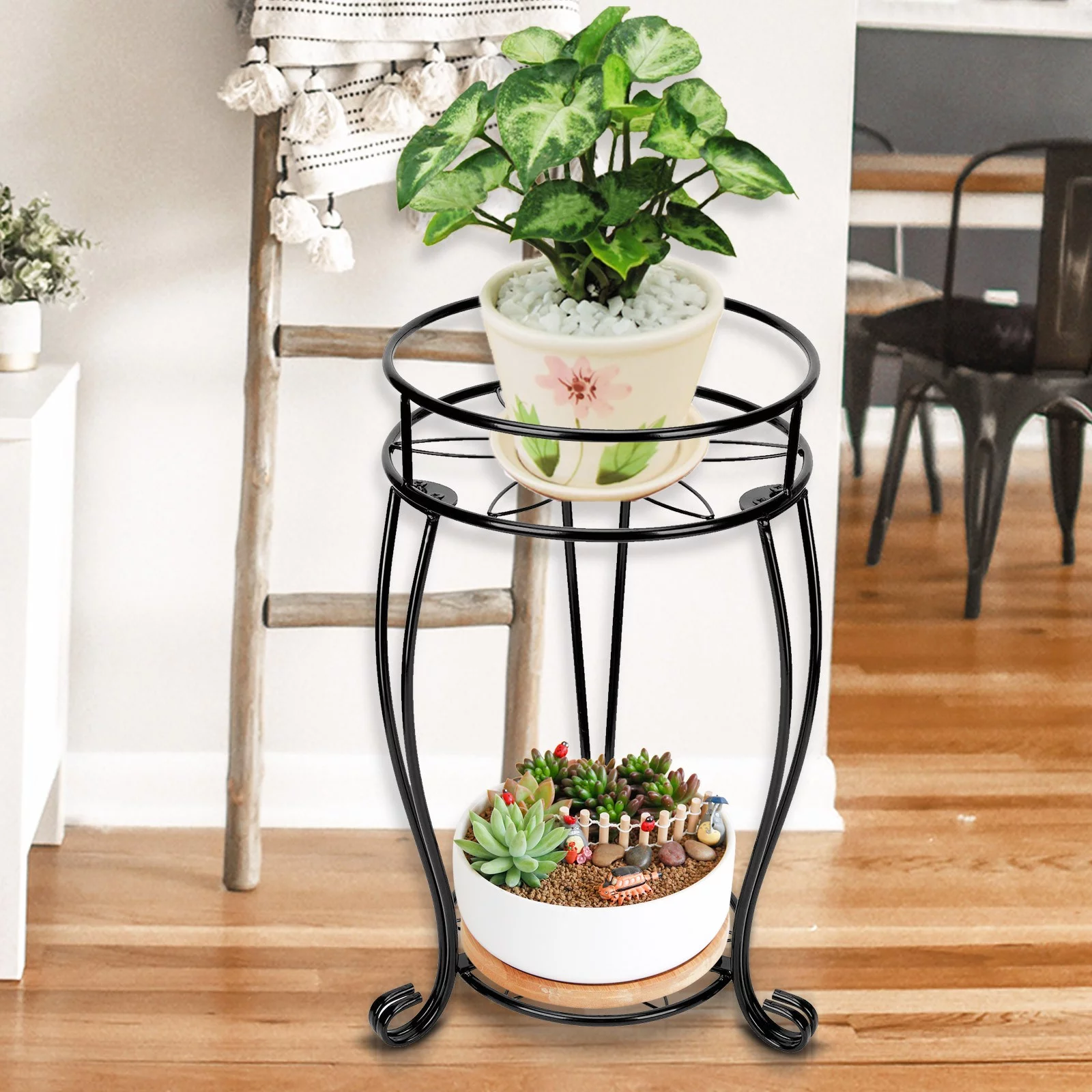 Jierger 2 Tier 19.3nch Tall Metal Plant Stand Flower Pot Stand Rack 11.8 inches Diameter Holds Big Heavy Plants Shelf Porch Supports Garden Black