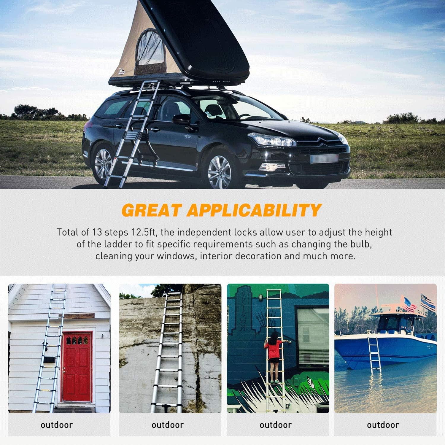 YANRUI 12.5ft Telescoping Ladder Aluminum Telescopic Extension Multi Purpose Ladders EN131 Certified - Extendable with Spring Load Locking Mechanism Non-Slip - 330 lb Max Capacity, Silver/Black