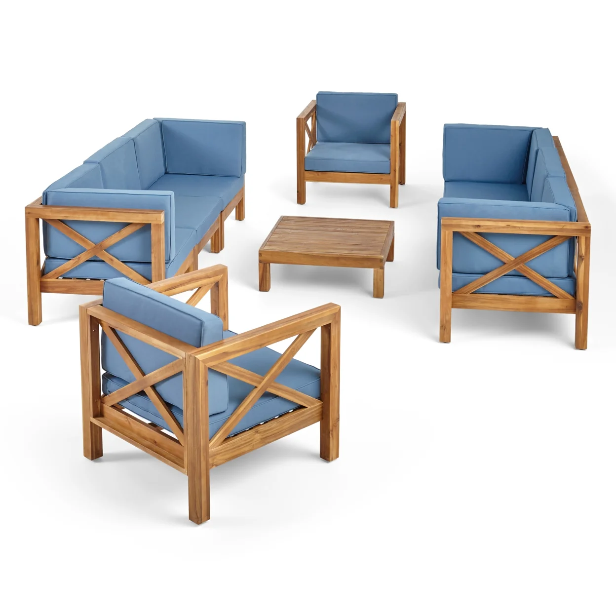 GDF Studio Keith Outdoor Acacia Wood 8 Seater Sofa and Club Chair Chat Set with Cushions, Teak and Blue