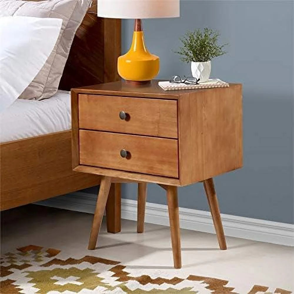 Modern 2 Drawer Solid Wood Bedside Nightstand In Caramel