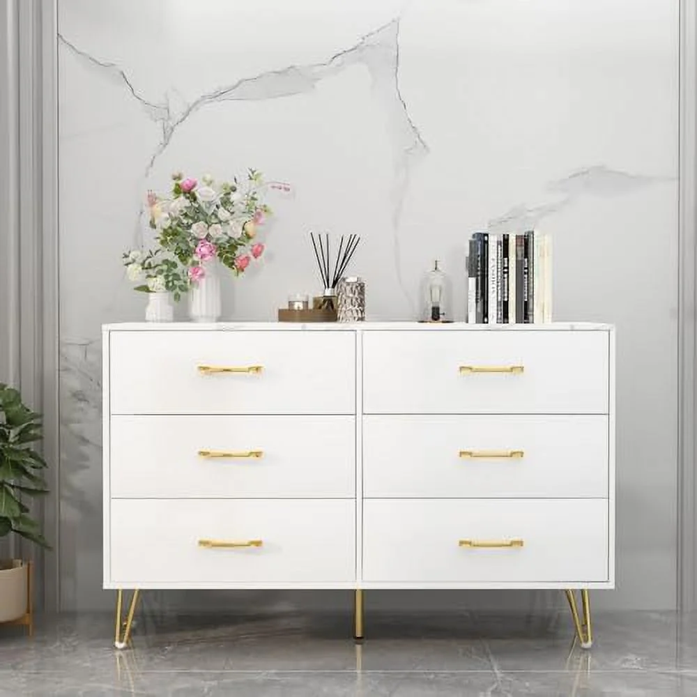 GVJMTKP Dresser for Bedroom  Modern 4 Dressers & Chests of Drawers with Marble Texture Top and Metal Handles  White Drawer Dresser for Closet  Hallway  Living Room  Bedroom