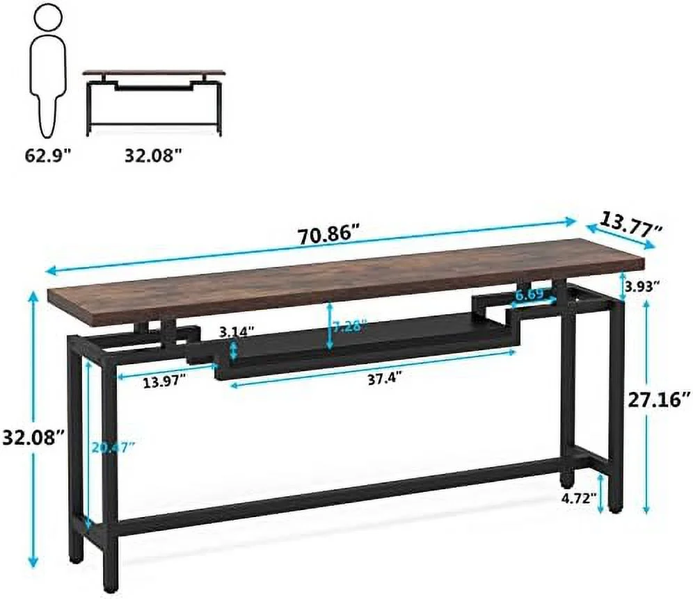 SQRTCV 70 inch Sofa Table  Narrow Long Console Table with 2 Tiers  Industiral TV Console Behind Couch Table with  for Entryway  Living Room  Brown & Black