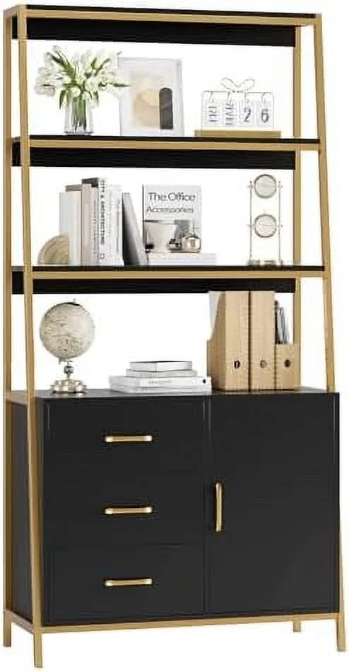 CHIUYN 69" Tall Bookshelf  Industrial 4-Tier Bookcase with Wooden Drawers and Ladder Shelves  Free Standing  Cabinet Kitchen Bakers Rack with Microwave Oven Stand for Home Office  Ash