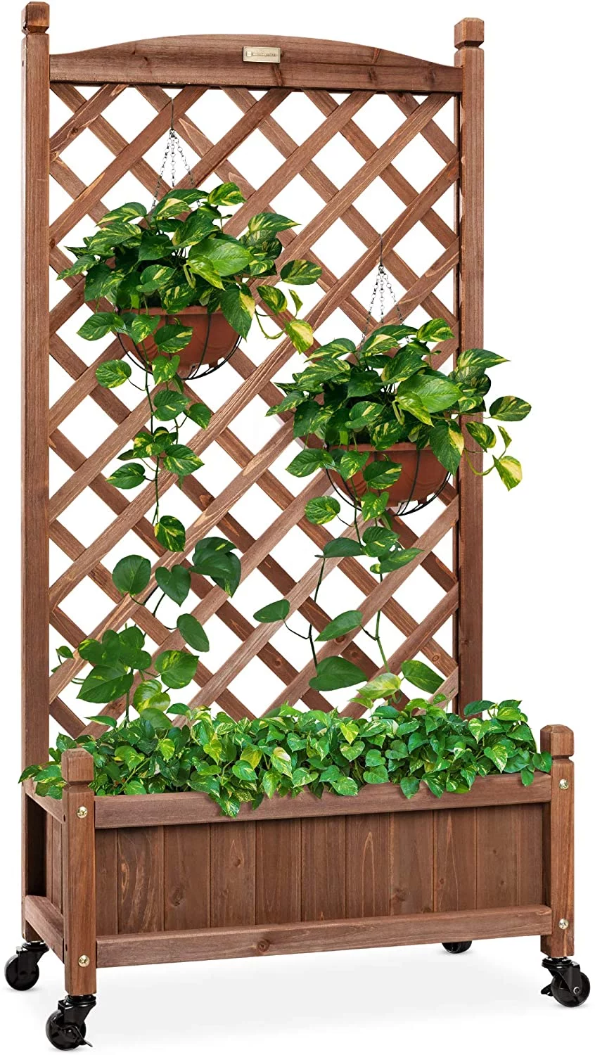 48in Wood Planter Box & Diamond Lattice Trellis, Mobile Outdoor Raised Garden Bed for Climbing Plants w/Drainage Holes, Optional Wheels - Walnut