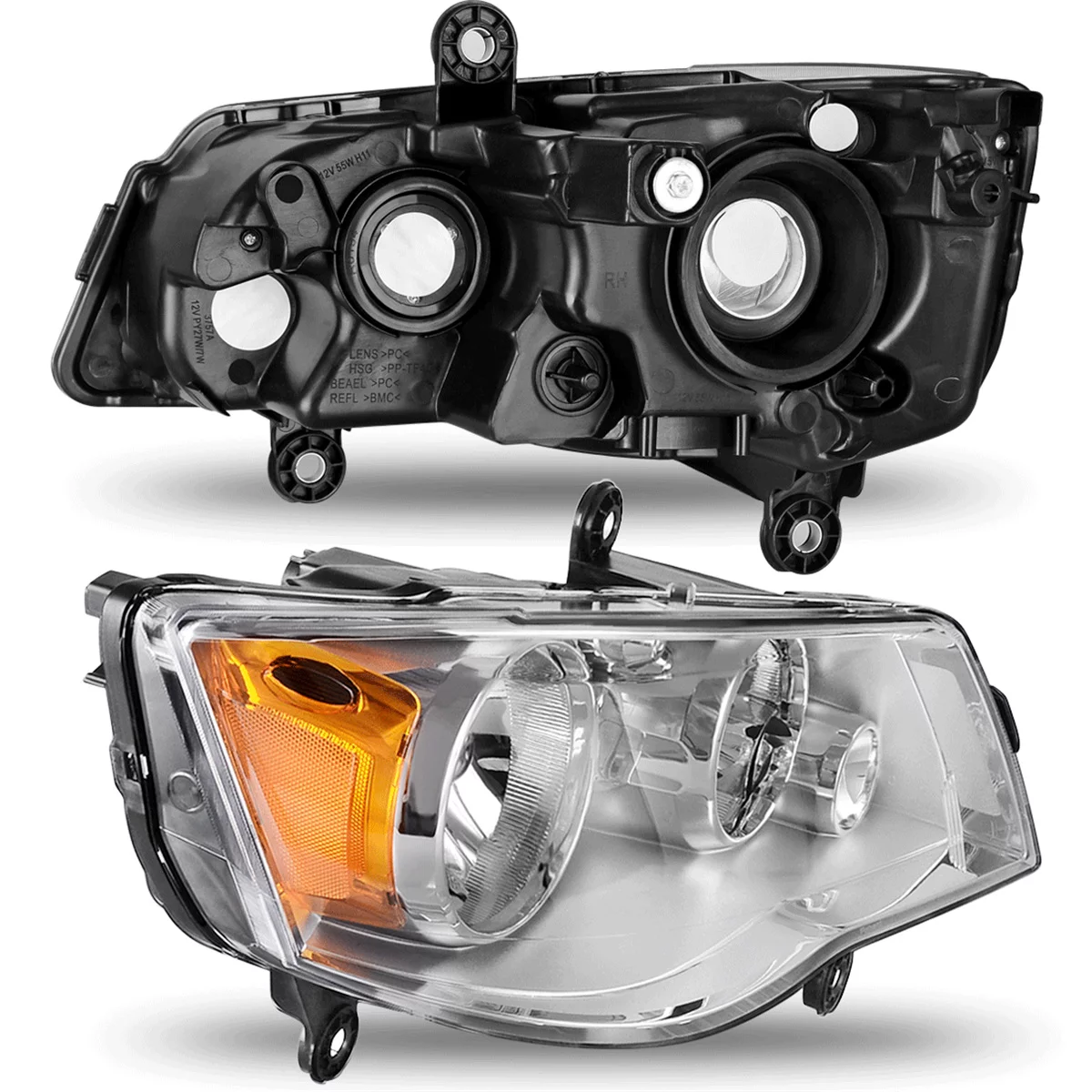 Ledkingdomus Headlight Assembly for 2011-2019 Dodge Grand Caravan & 2008-2016 Chrysler Town & Country Chrome Housing Amber Reflector Clear Lens
