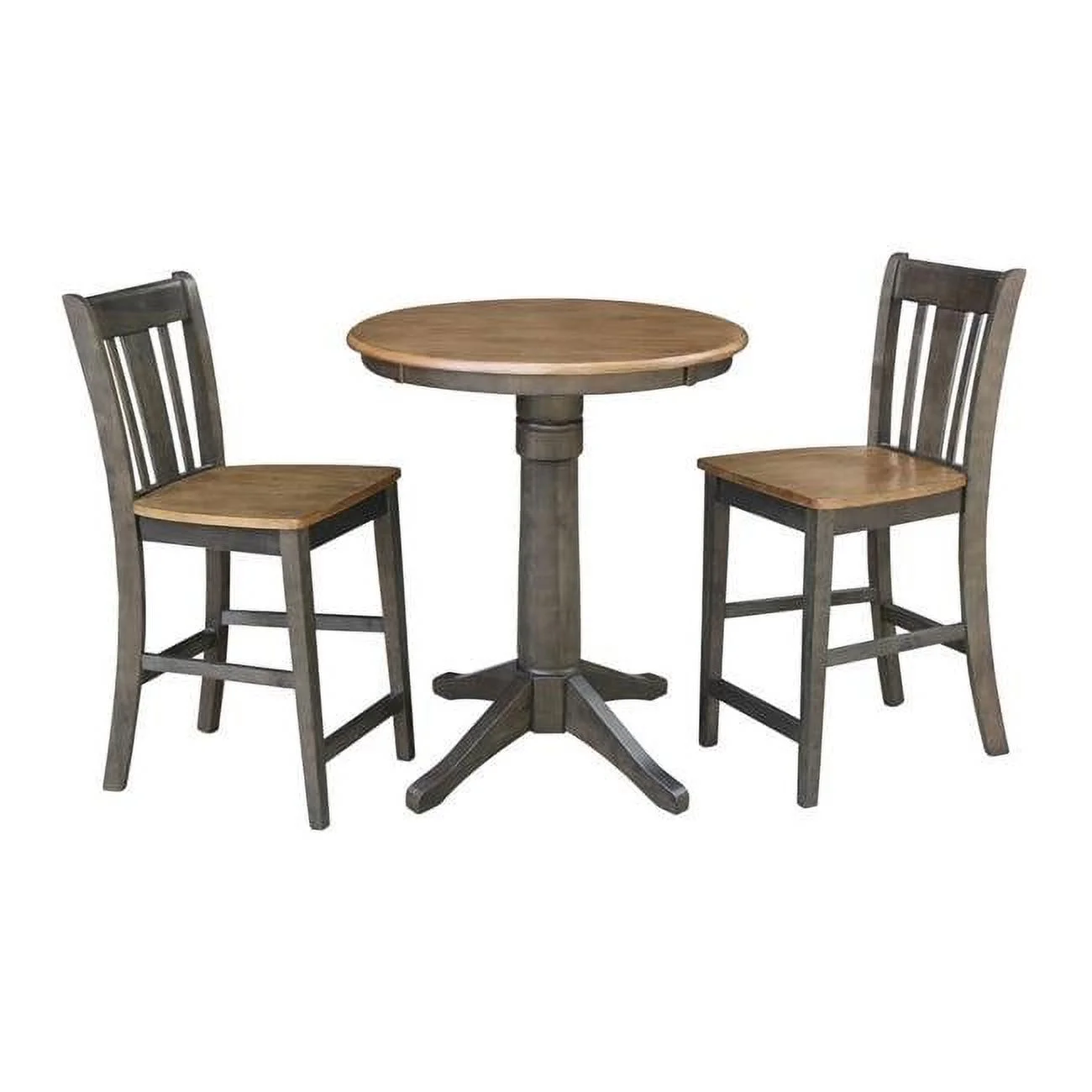 30 in. Round Pedestal Gathering Height Table with 2 San Remo Counter Height Stool, Hickory & Washed Coal