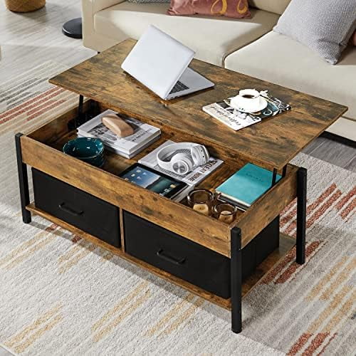 Lift Top Coffee Table with  and 2 Fabric Baskets  41.5 Inch Wooden Raisable Top Coffee Table for Living Room & Office  Rustic Brown