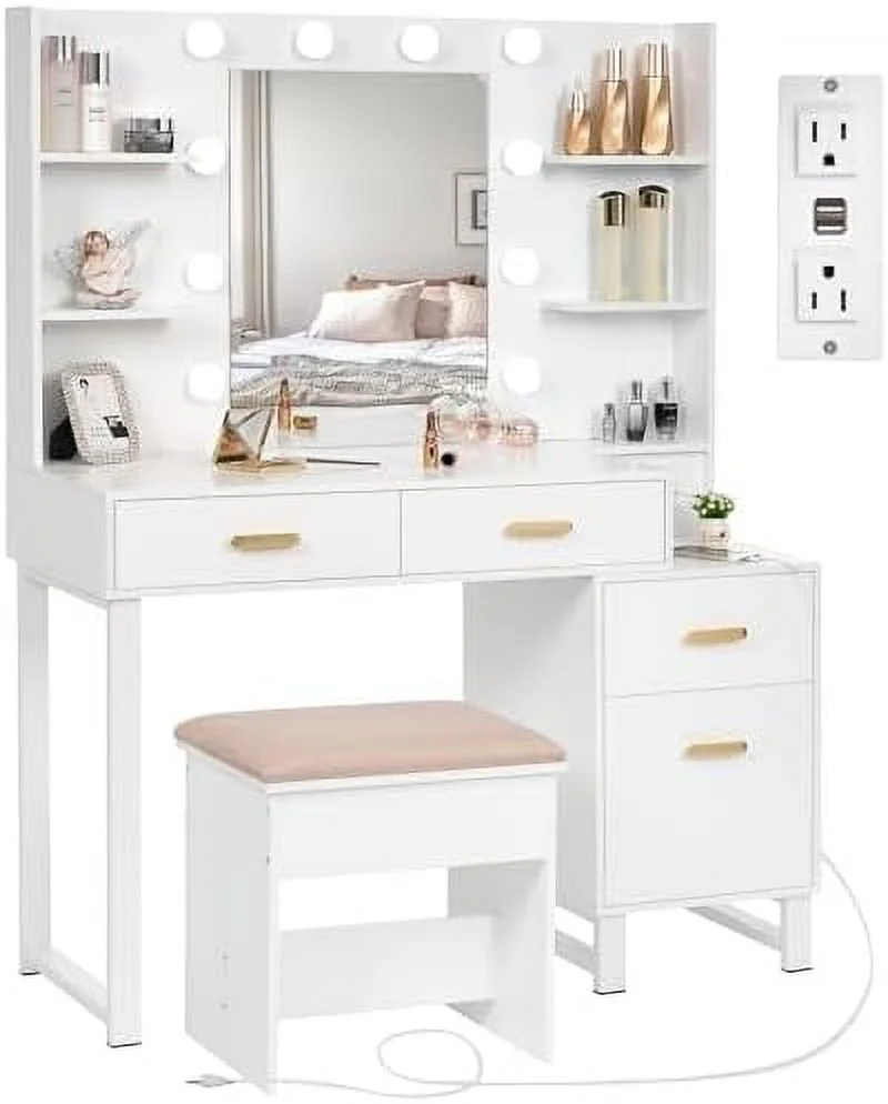 TJCGDTY Vanity Desk Vanity Set with 10 LED Bulbs Lighted Mirror  Vanity Table Set with Charging Station Nightstand 3 Colors Modes Dimming Cushioned Stool Large Mirror White UBDT53W