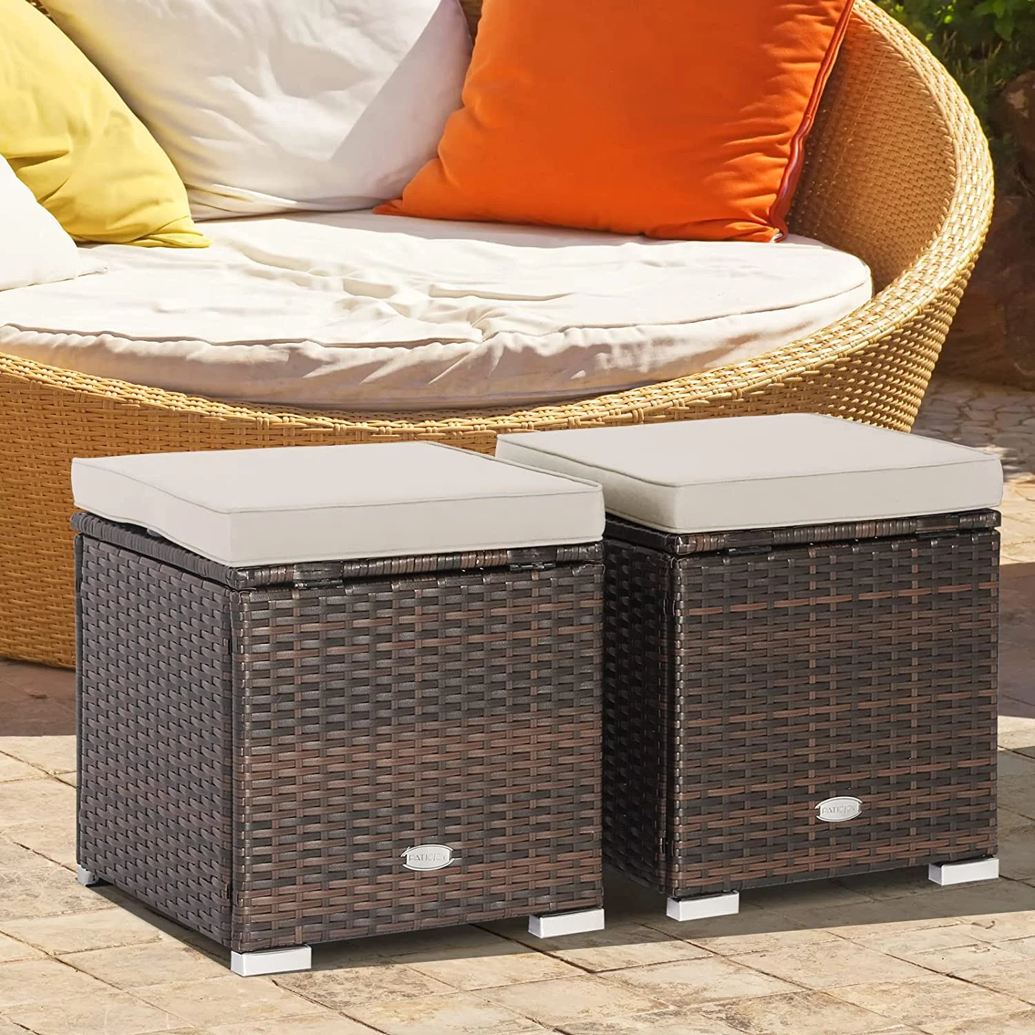 2 Pieces Patio Ottomans, Patiojoy Hand-Woven PE Rattan Side Table with Removable Cushion & Hidden Storage Space, Multifunctional Storage Box, Seat for Patio, Backyard, Poolside (Beige)