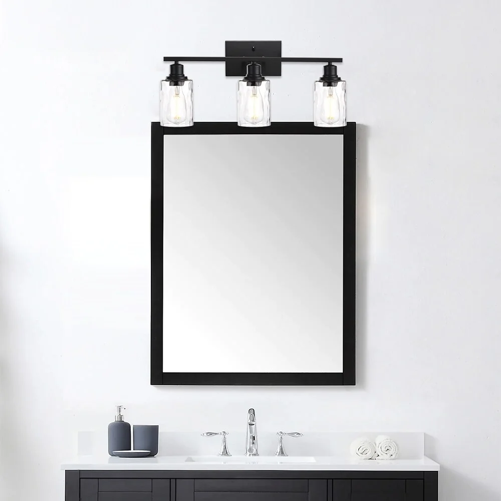 VINLUZ Black Industrial Vanity Light fixture with Water Ripple Glass Shade 3-Lights