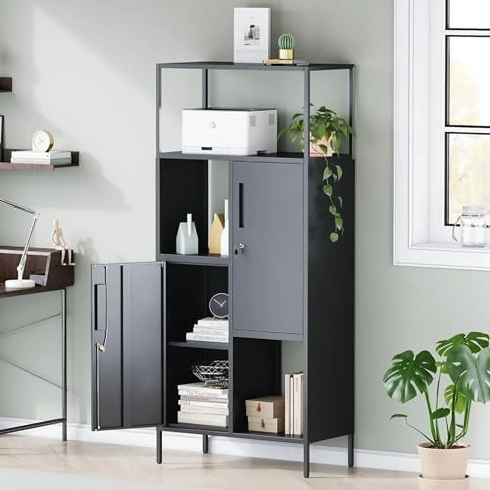 TJCGDTY 5-Tier Bookshelf  Tall Bookcase with Doors  Industrial Display Standing  Units with Lock & Wheel  Metal  Shelves for Living Room  Bedroom  Home Office (Black)