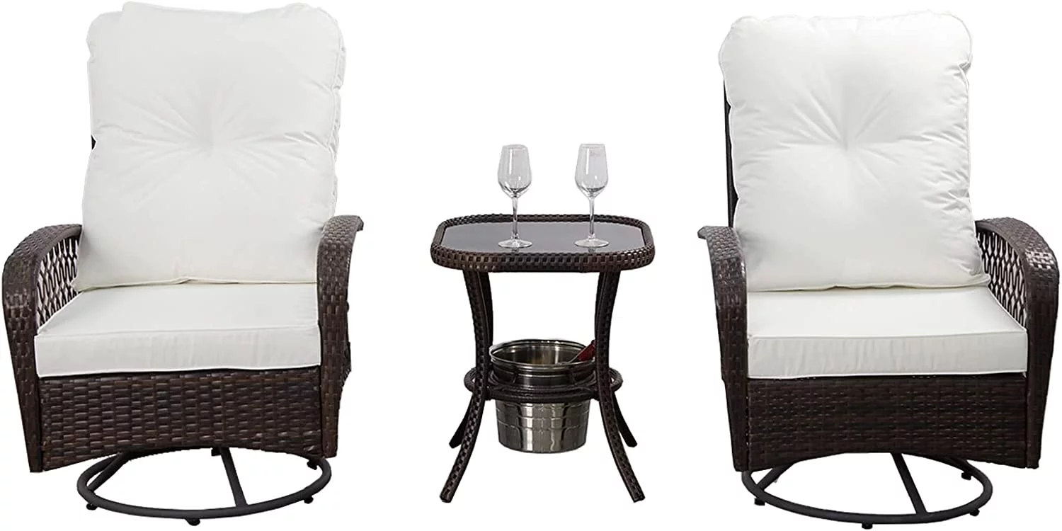 Outdoor Wicker Swivel Rocker Patio Set,360 Degree Swivel Rocking Chairs Elegant Wicker Patio Bistro Set with Premuim Cushions and Armored Glass Top Side Table for Backyard