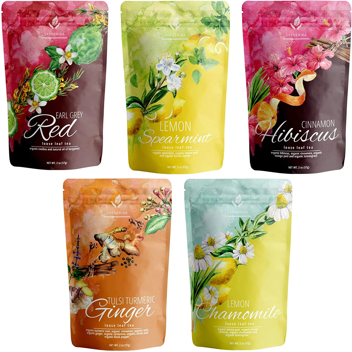 Gardenika Organic Loose Leaf Herbal Tea Set -  5 Pack Assortment (10 oz)