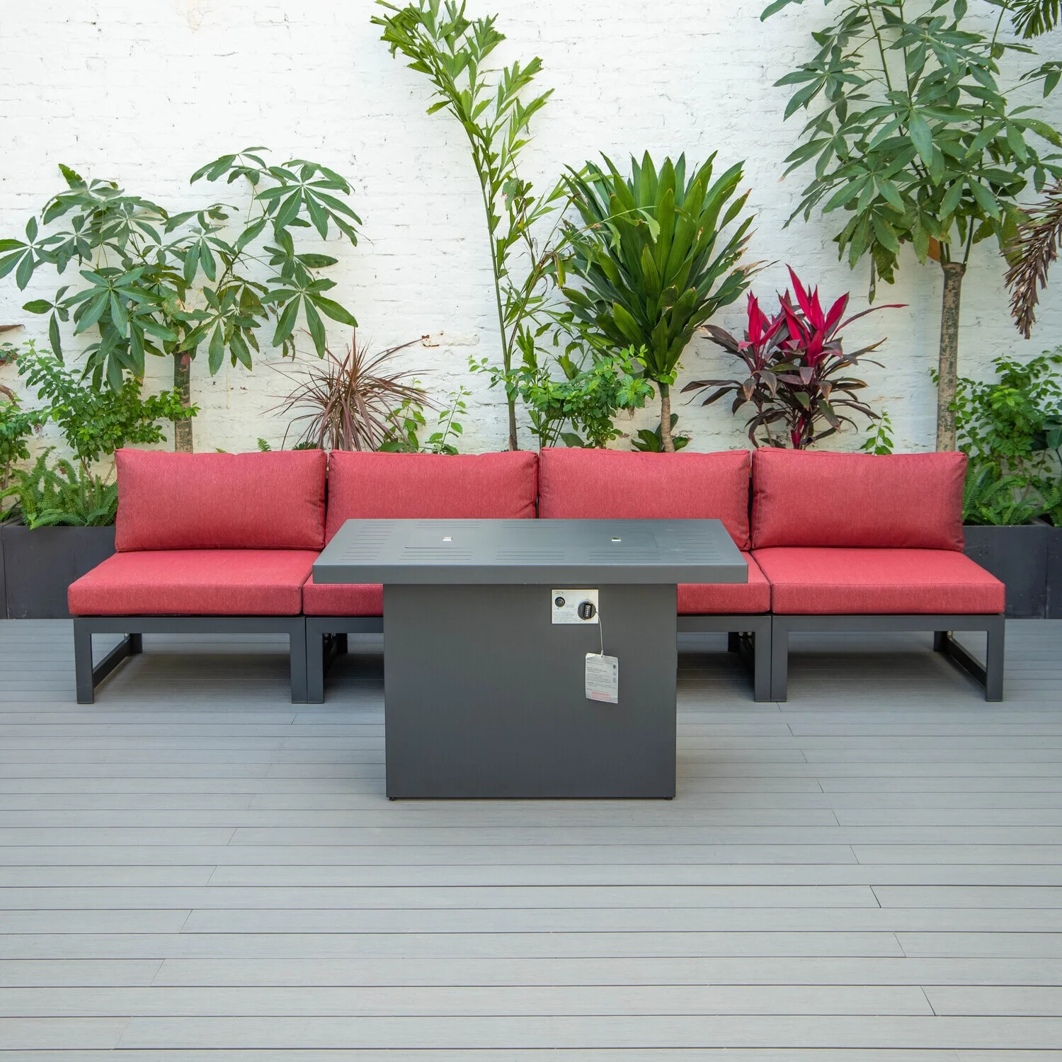 HomeStock Coastal Cool 5-Piece Middle Patio Chairs and Fire Pit Table Set Black Aluminum With Cushions