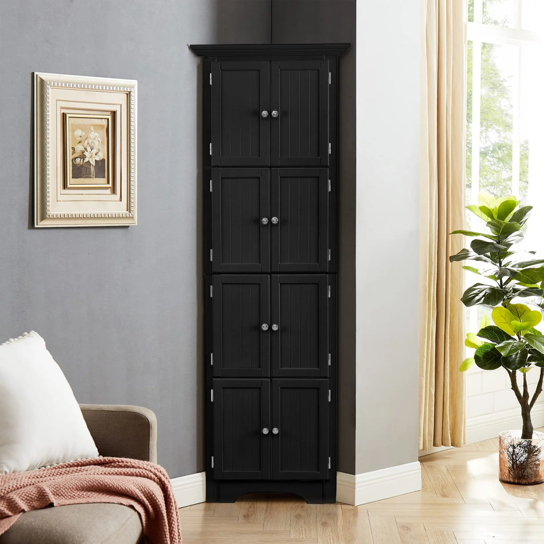 Ufurpie Corner Tall Storage Cabinet with Doors and 4 Shelves for Living Room,Kitchen,Office,Bedroom,Bathroom,Black