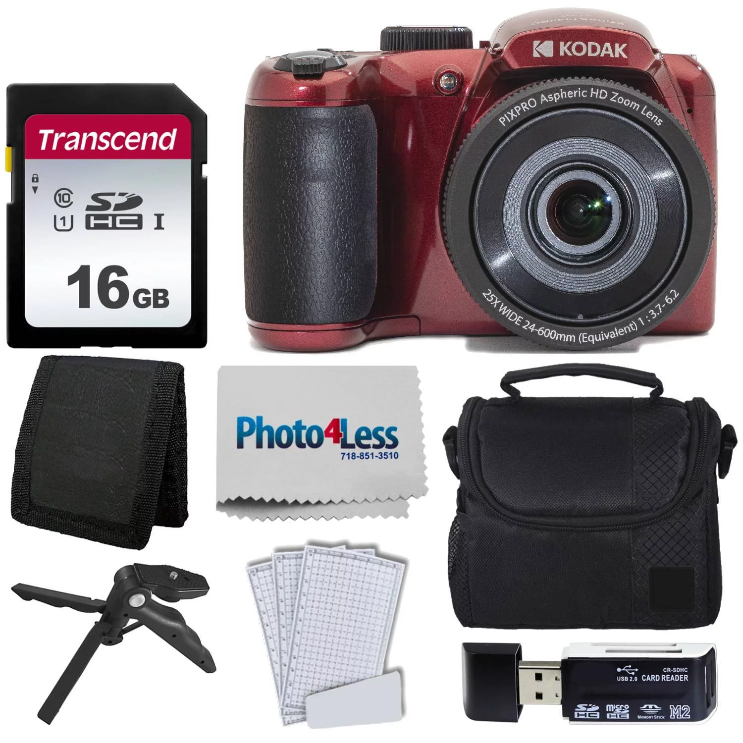 Kodak PIXPRO AZ255 Digital Camera (Red) Bundle + 16GB Memory Card + Accessories!