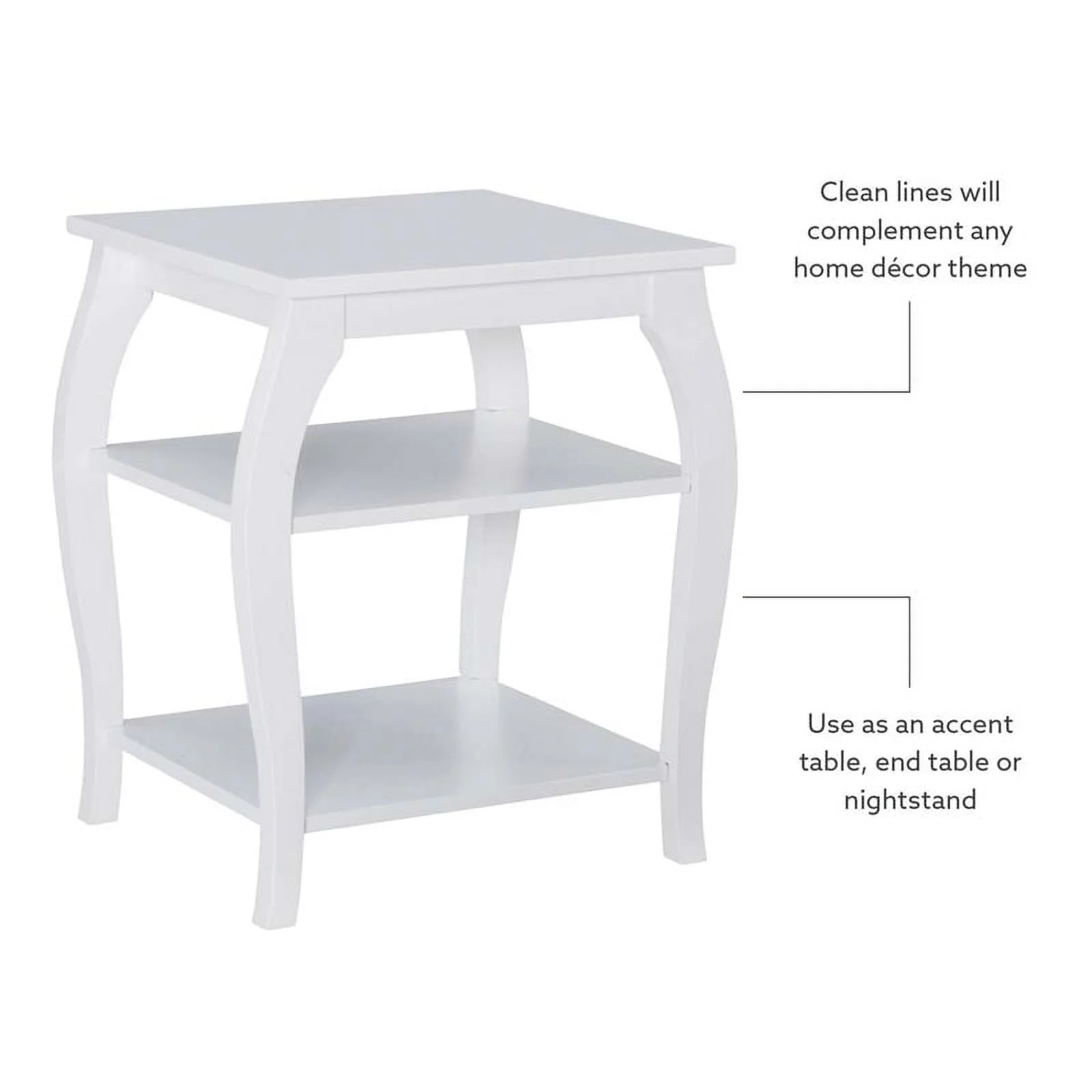 Linon Regan Wood Side Table Curved Legs 2 Spacious Shelves in White Finish