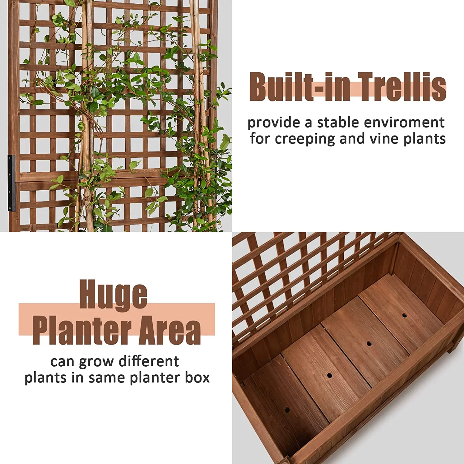 Wood Planter with Trellis Set of 2 Raised Bed Planting with 36 Inch Widen 72 inch Height Brown