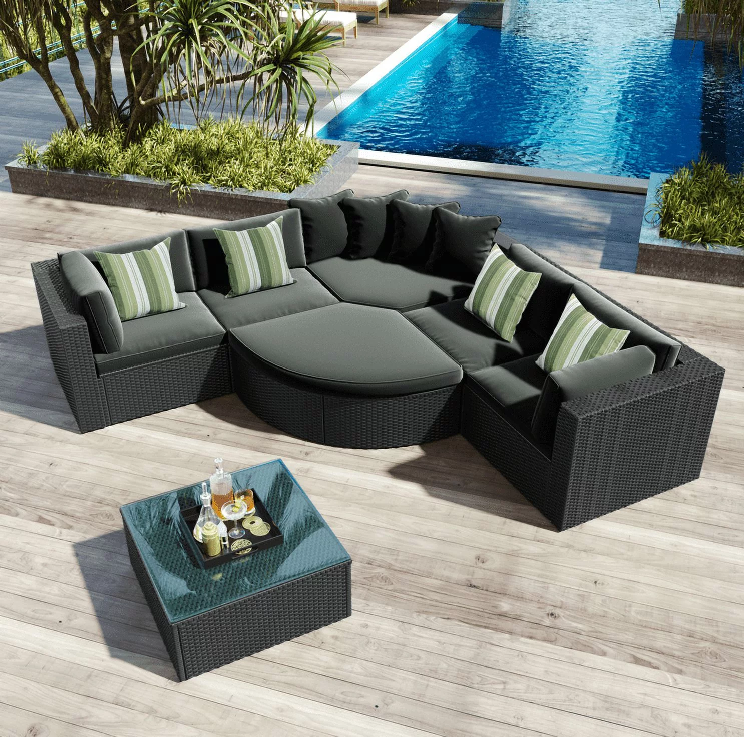 Euroco 7 Pieces Patio Conversation Set, Outdoor Sectional Wicker Sofa Set with Pillows, Gray