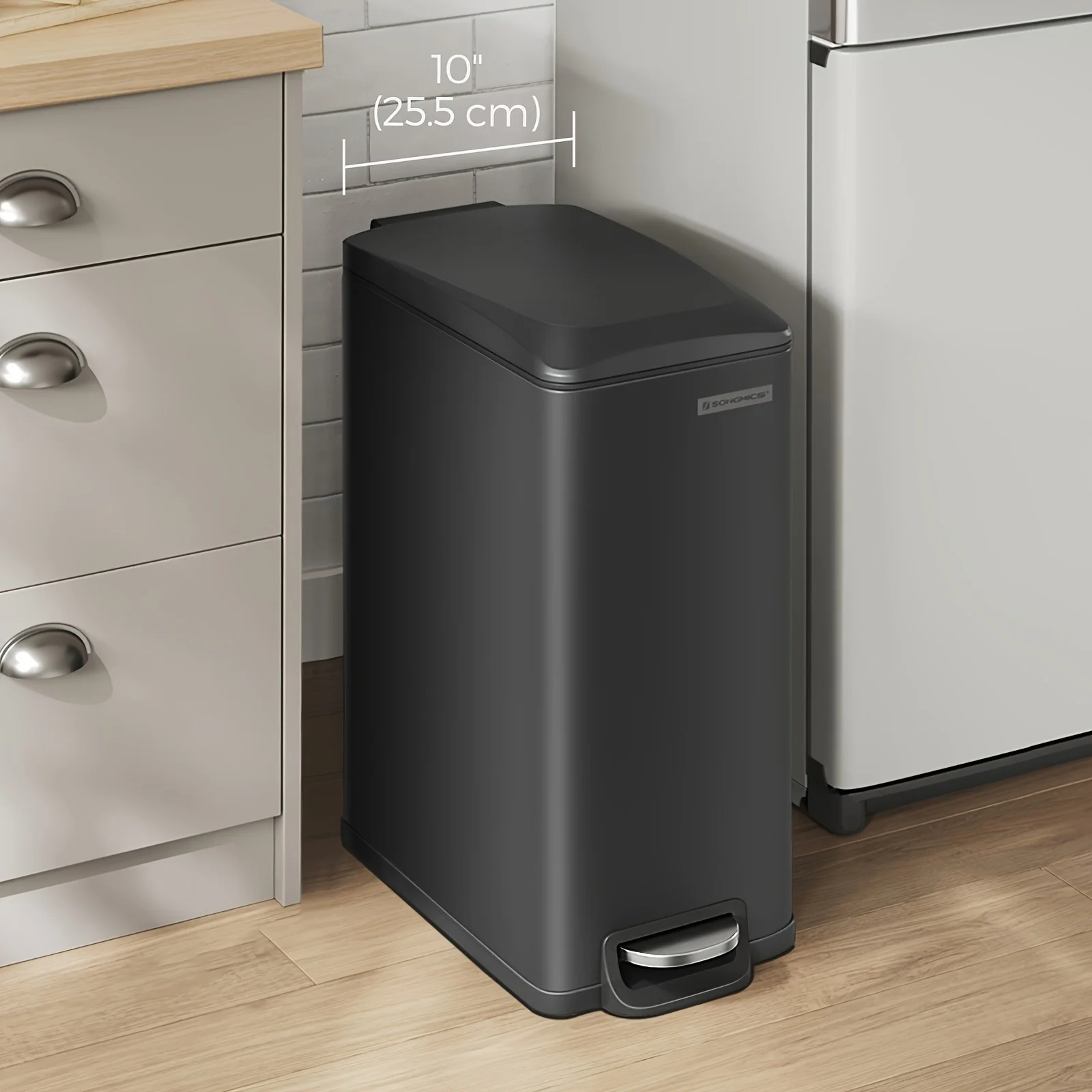 Slim Trash Can, 12.7 Gallon Garbage Can for Narrow Spaces with Soft-Close Lid, Inner Bucket, and Step-on Pedal, Stainless Steel, 15 Trash Bags Included