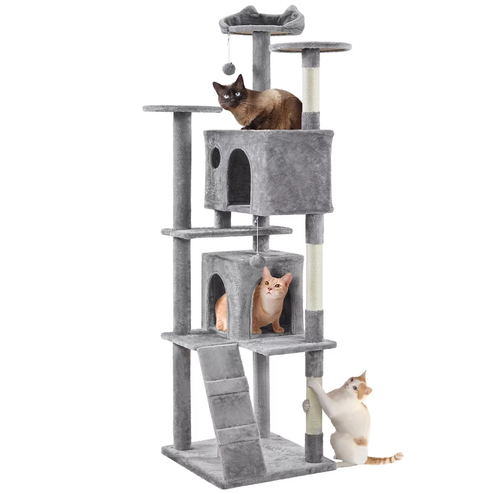 Topeakmart 80″ Tall Multilevel Cat Tree with 2 Condos & 3 Scratching Posts for Kittens, Light Gray