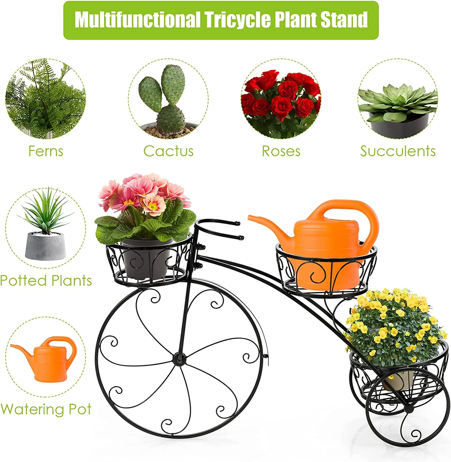 Giantex Metal Bicycle Planter, 3 Tier Tricycle Flower Plant Stand w/ 3 Decorative Wheels, Parisian Style Flower Display Stand Cart for Home Decor Patio Garden Flower Shop Indoor Outdoor