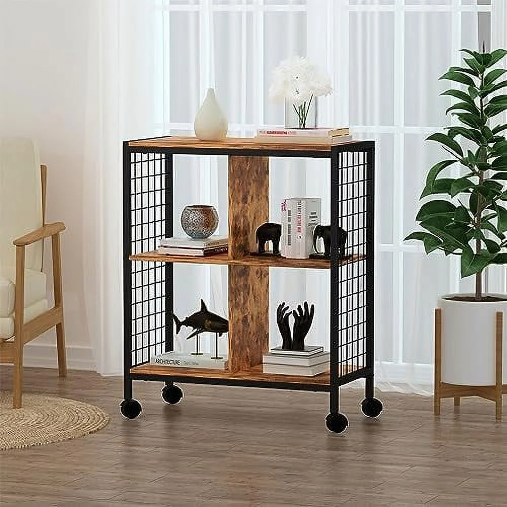 SQWDEC Wood Bookshelf  3-Tier Vintage Industrial Book   Rustic Wood and Metal Bookcase Low Bookshelves with Wheels  Free Standing  Small Bookshelf for Living Room  Bedroom and Kitchen  Br
