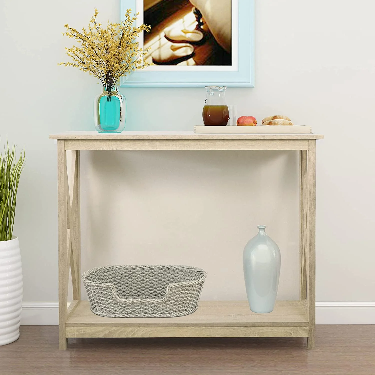Console Table Entryway Table Sofa Table, Modern Farmhouse Wood Console Table with 2-Tier Storage, 39 Inch, White Oak